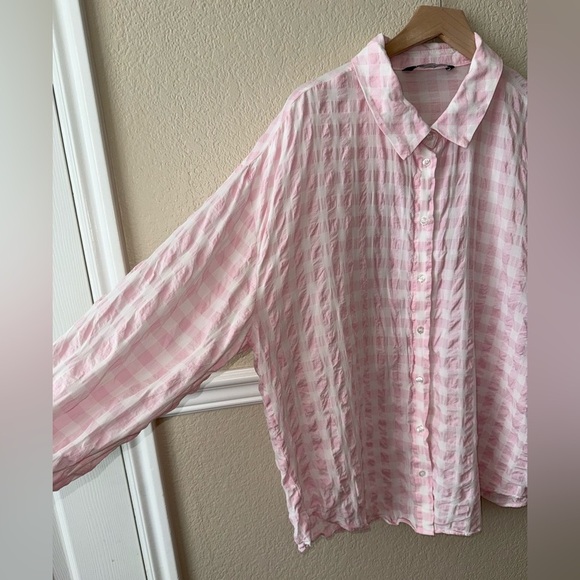 Zara Cotton Blend Gingham Pink White Checkered Button Down Blouse Size Large - Picture 8 of 12
